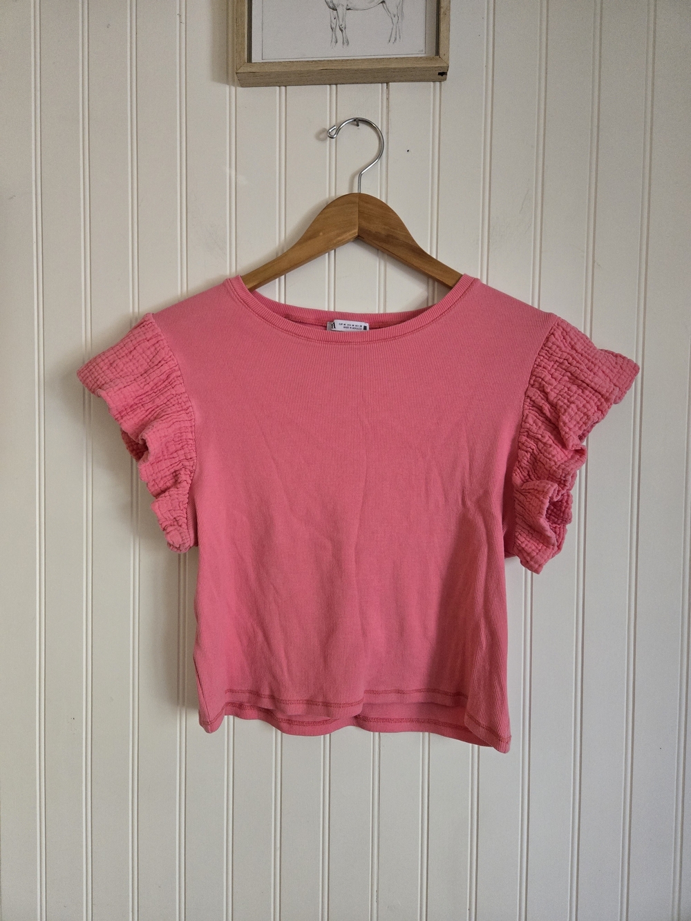 Zara Pink Ribbed Ruffle Sleeve Crop Top